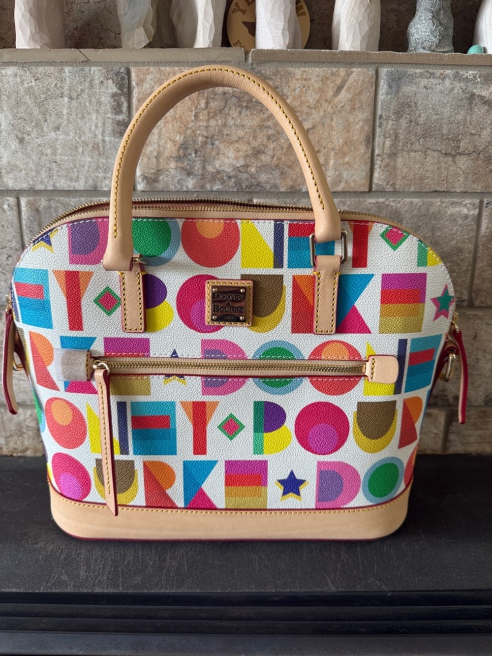Dooney & Bourke Deco Logo Dome Satchel with Tan Trim